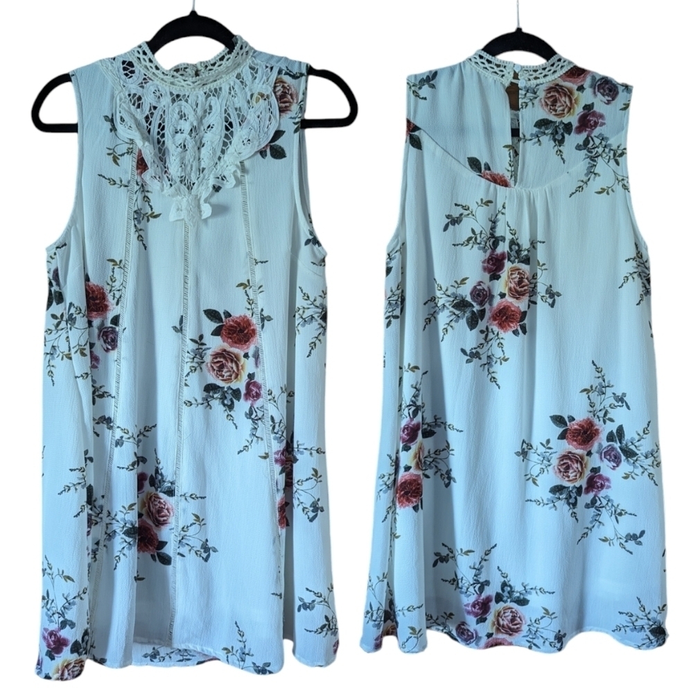 Umgee Women's Flower Print High Neck Sleeveless Dress Chiffon Lace Loose Summer